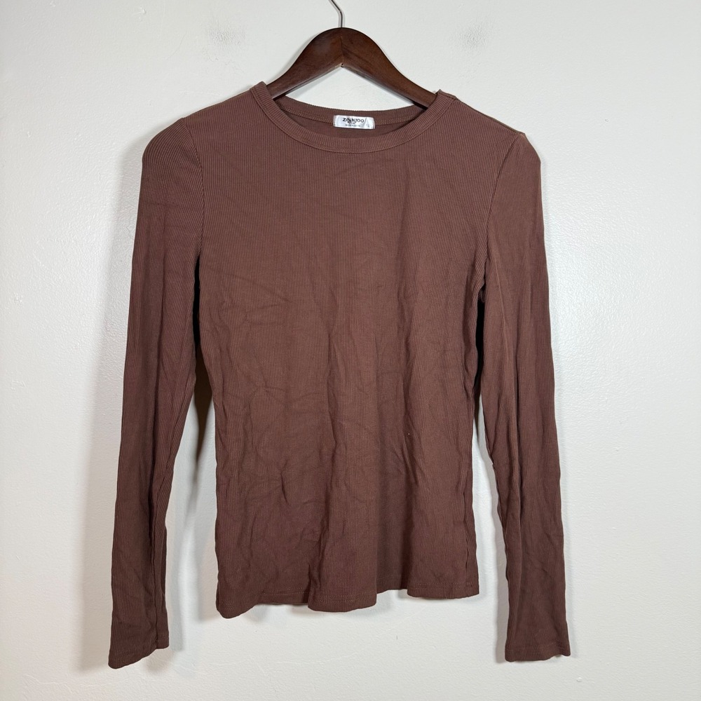 Zeagoo Ribbed Knit Slim Fit Long Sleeve T-Shirt Size L Brown